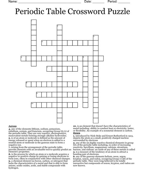 Periodic Table Crossword Puzzle Wordmint