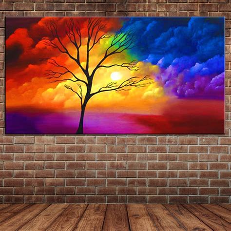 Colorful Clouds Oil Painting Modern Abstract Tree Canvas Art Hand