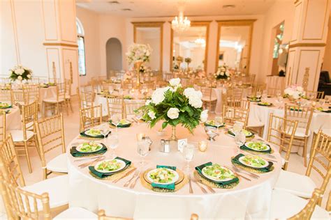 Here are a few color palettes we put together using emerald green. Gold and White Reception Decor With Pops of Emerald Green