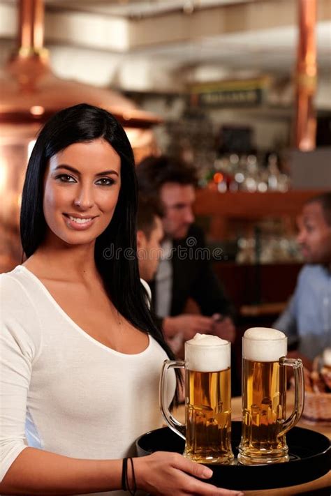 Beautiful Waitress Serving Beer Stock Image Image Of Mood Face 26387149