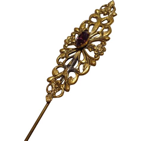 Antique Victorian Hat Pin Filigree With Amethyst And Flowers Amethist