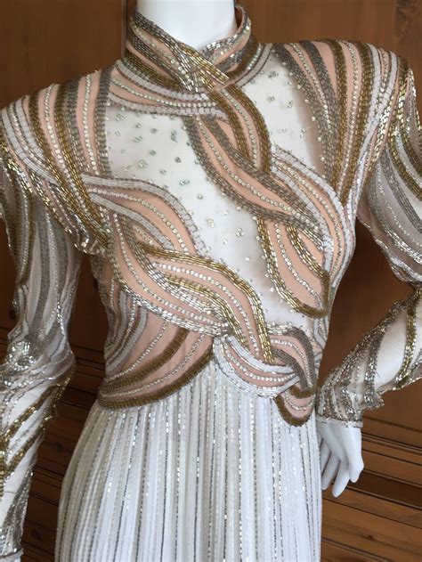Bob Mackie Sheer Illusion 1970s Beaded Gown Evening Dresses Vintage Evening Dresses Gowns