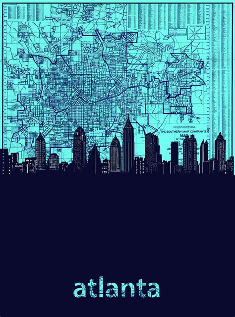 Atlanta Skyline Map Turquoise Digital Art By Bekim M