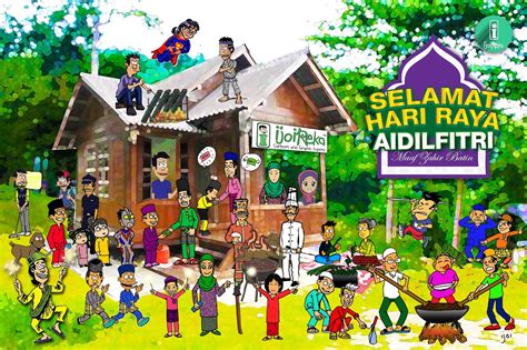Selamat hari raya aidilfitri vector illustration with cute muslim kids having fun with sparklers and traditional malay village hous kartun gambar gambar kartun. Suasana Hari Raya di desa