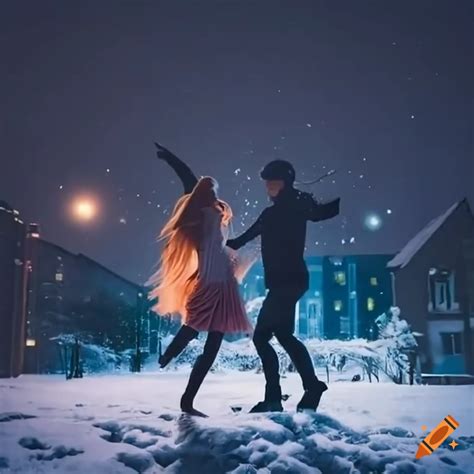 Couple Dancing In The Snow On A Winter Night With City Lights On Craiyon