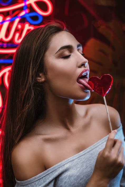 Wallpaper Women Model Brunette Tongues Tongue Out Lollipop Neon Lights Bare Shoulders
