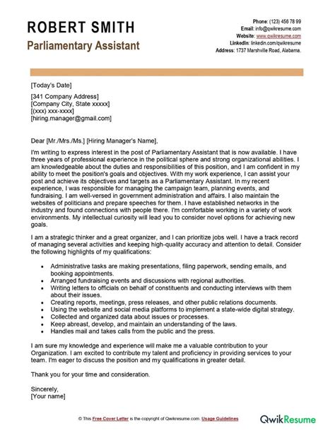 parliamentary assistant cover letter examples qwikresume