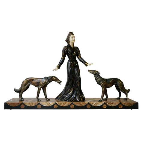Art Deco Statue French Woman With Greyhounds Signed Geo Maxim At 1stdibs