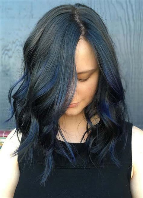 Dark blue balayage for long hair, jet black hair color. 50 Magically Blue Denim Hair Colors You Will Love ...
