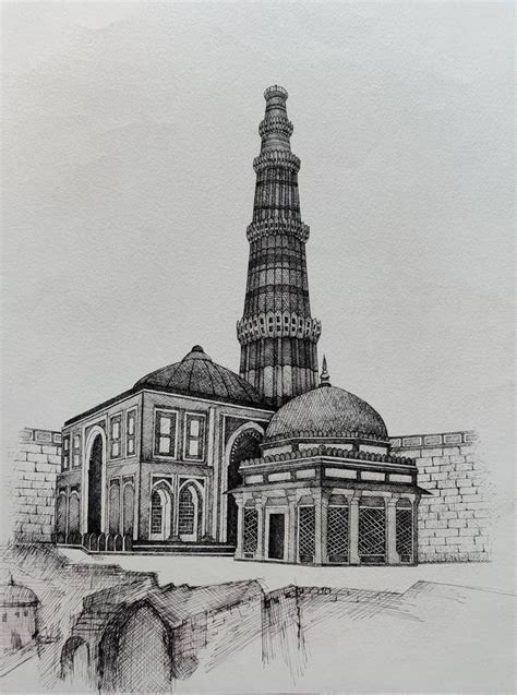 Qutub Minar 2german Ink Drawing Landscape Drawings Beautiful Art