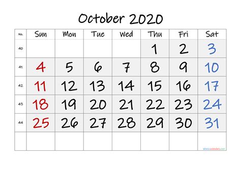 October 2020 Printable Calendar With Week Numbers Free Premium