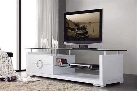 White Finish Modern Tv Stand Wtwo Drawers And Glass Top
