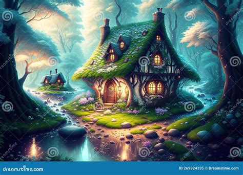 Cute Fantasy House Fairy Tale Little Cottage In Magical Forest By Ai