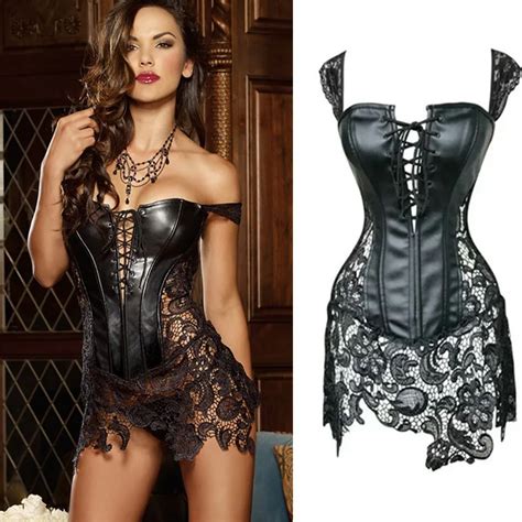 Sexy Leather Corsets Skirt Lace Up Hollow Out Corsele Black Faux Leather Lace Shaper Bustier