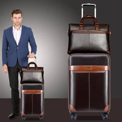 Caludan Men Business Pu Leather Rolling Luggage Set Spinner High