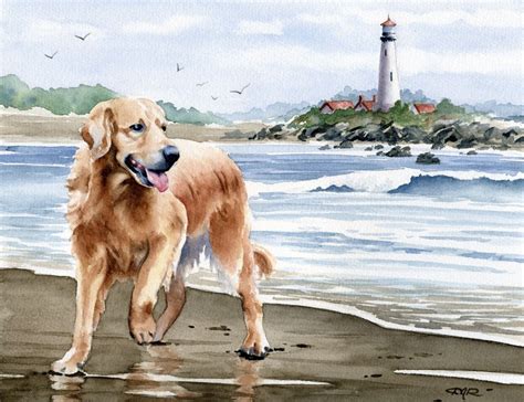 Golden Retriever At The Beach Dog Watercolor Art Print Signed By Artist
