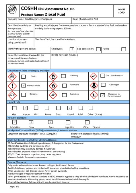 Coshh Blank Risk Assessment New Template Toxicity Safety Images The