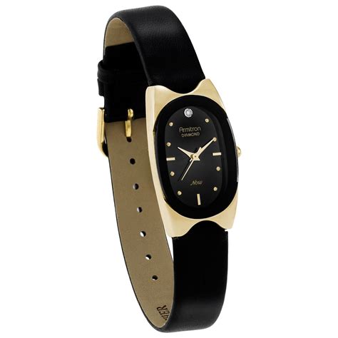 armitron ladies now watch with oval black dial black leather strap and diamond accent jewelry