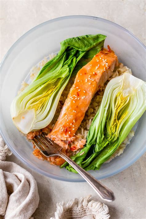 5 Minute Microwave Salmon Rice Bowl With Bok Choy Tasty Made Simple