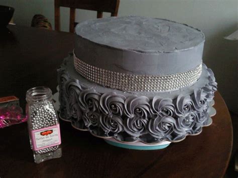 Added A Strip Of Bling And A Few Silver Sugar Pearls Silver Wedding Cake Silver Wedding Cake