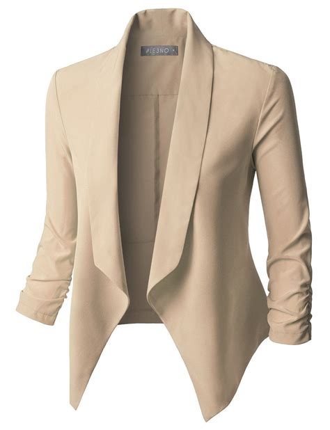 sharpen your wardrobe with this lightweight ruched 3 4 sleeve open front blazer jacket a softly