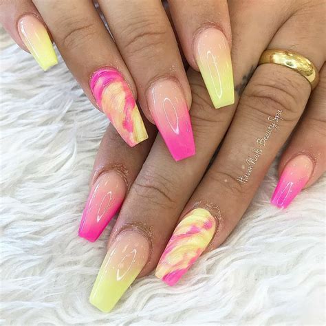 Pink And Yellow Marble Swirl In 2020 Coffin Nails Designs Nail Designs