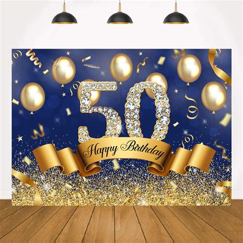 Buy Happy 50th Birthday Backdrop Blue And Gold Glitter Balloon Diamonds