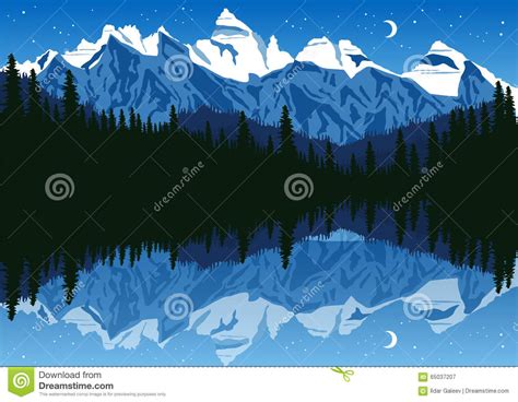 Lake Near The Pine Forest In Mountains Under The Night Sky Stock Vector