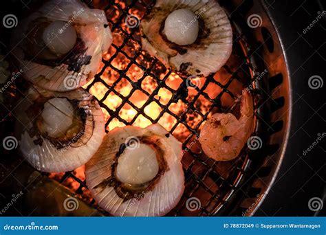 Grilled Scallop Seafood Cooking On Flaming Grill Stock Image Image Of