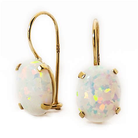 K Solid Yellow Gold Oval X Mm White Opal Drop Earrings Summer Sale