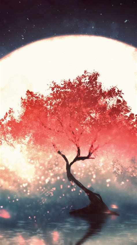 Download 1080x1920 Wallpaper Red Tree Moon Light Fantasy Samsung