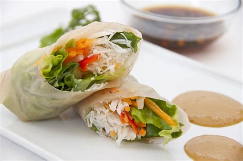 Vegetable Spring Rolls With Spicy Peanut Sauce And Garlic