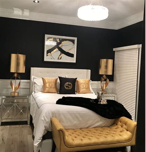 Use gold and navy in the bedroom for a touch of royalty! Black. White. Gold. | Gold bedroom, Master bedrooms decor ...