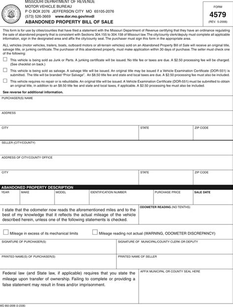 Missouri Abandoned Property Bill Of Sale Form Download The Free