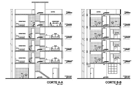 Facade And Back Sectional Details Of Multi Story Apartment Building Dwg