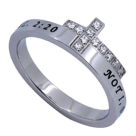 No Longer Engraved Bible Verse Sideways Cross Ring With Cz Stainless