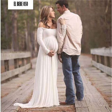 Long Sleeve Maternity Photography Props Maxi Dress Pregnancy Dresses Pregnant Woman Shoot White