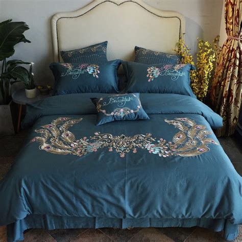 100 Egypt Cotton Blue Embroidery Palace Royal Luxury Bedding Set 47