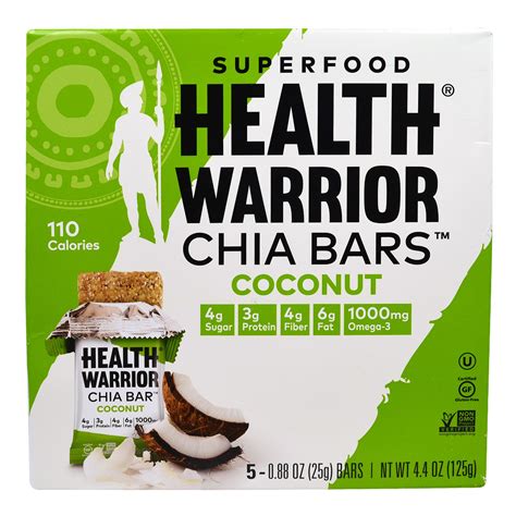 They are gluten free, soy free, gmo free and 100% vegan. Health Warrior, Inc., Superfood Chia Bars, Coconut, 5 Bars ...