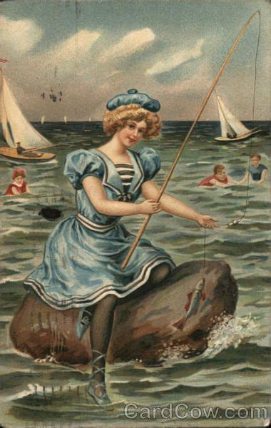 Fishing From The Rocks Fishing Girls Vintage Artwork Vintage Postcards