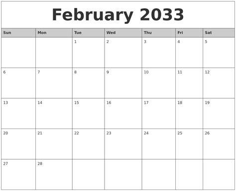 February 2033 Monthly Calendar Printable