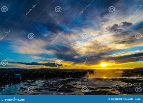 Geysir Geyser And Sunrise Iceland Stock Photo Image Of Geothermal
