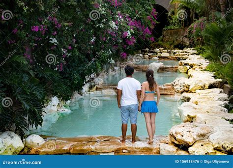 Romantic Couple Multiethnic Couple At The Swimming Pool View From Back Swimming Pool