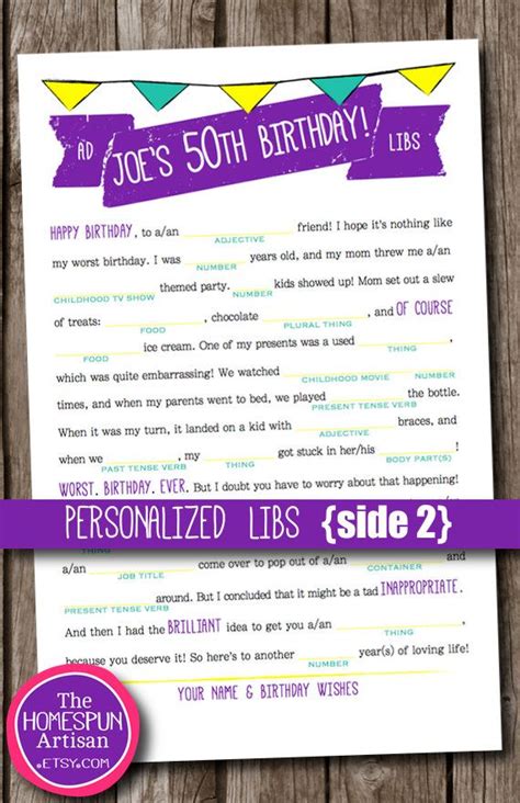 Birthday Mad Lib For Adults Personalized Party Game Printable [ 100a] 50th Birthday Ideas