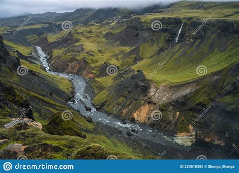 Iceland Landscape Of Highland Valley And River Fossa With Blue Water