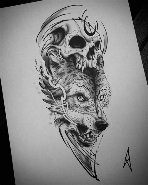 A Black And White Drawing Of A Wolf With A Skull On Its Head