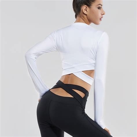 Crop Top Women Gym White Yoga Crop Tops Yoga Shirts Long Sleeve Workout Tops Fitness Running