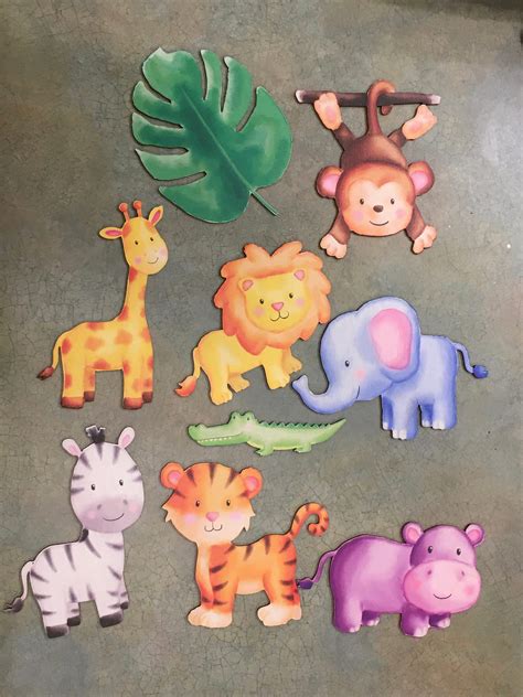 Set Of 9 Laser Cut Wood Jungle Themed Animal Cutouts Printed Etsy Finland