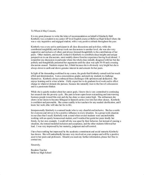 Sample Letter Of Recommendation For High School Student From Teacher