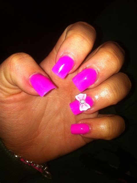 Hot Pink Nails With Dimond Pink Bow Nails Design With Rhinestones